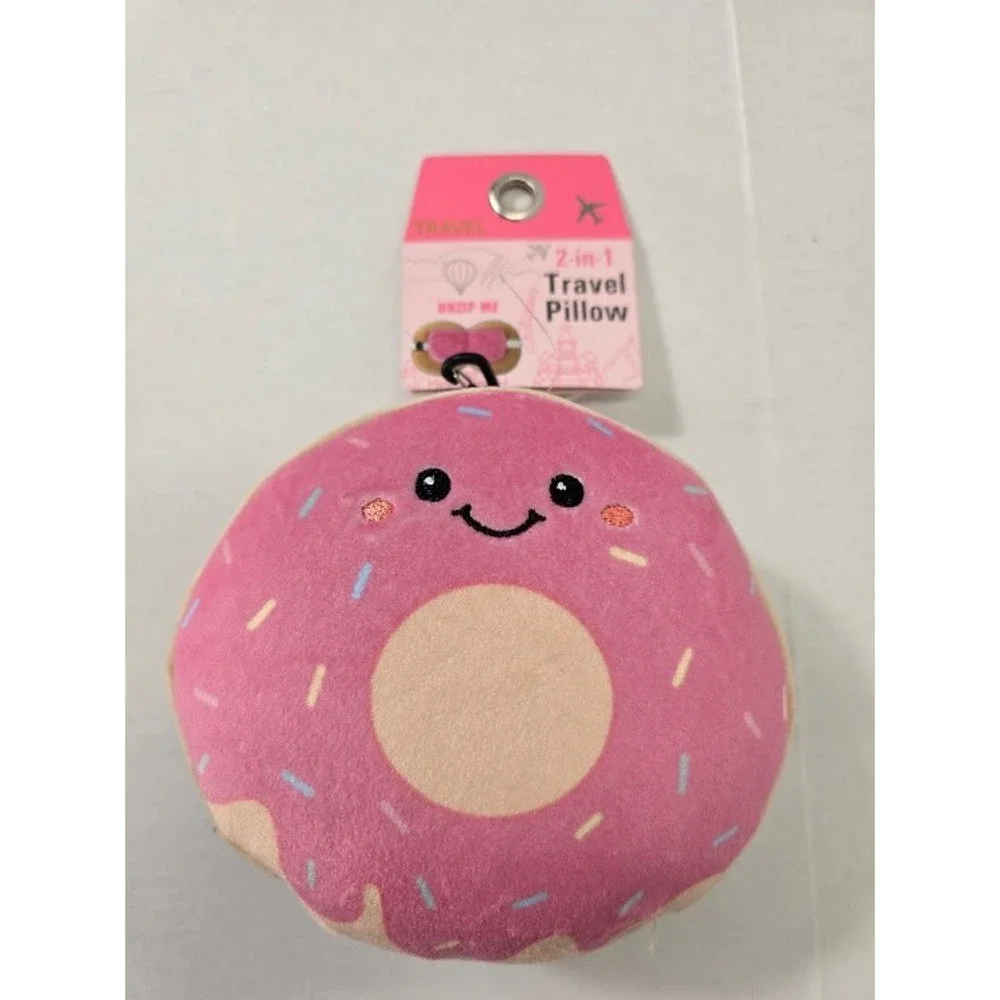 Travel 2-in-1 Pillow Eye Mask Kids Pink New Donut Plush Clip On Accessory
